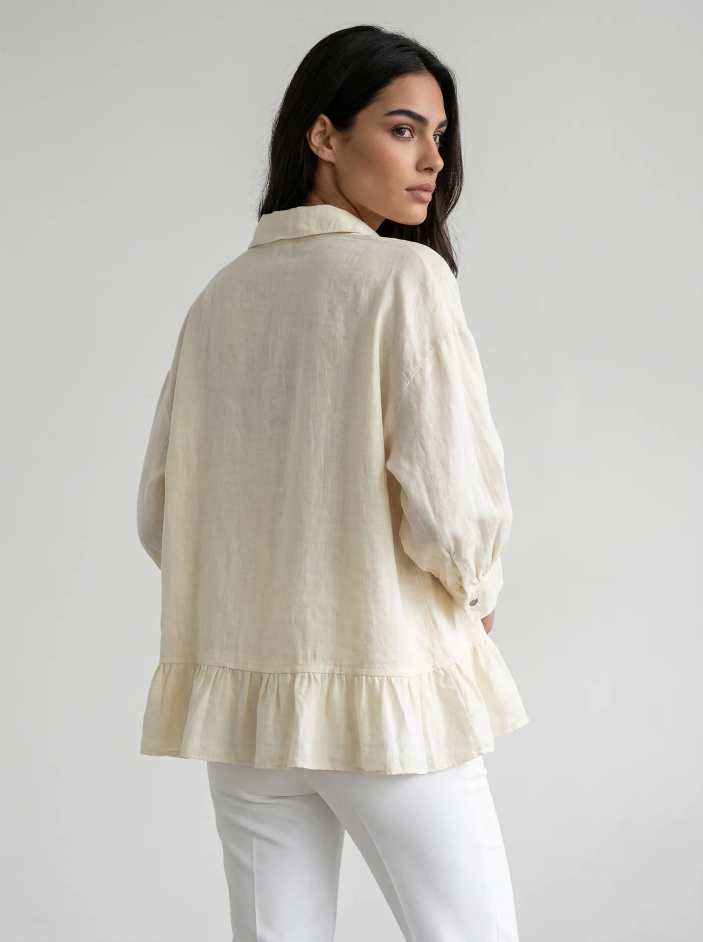 “Freya “ white linen Italian frill shirt