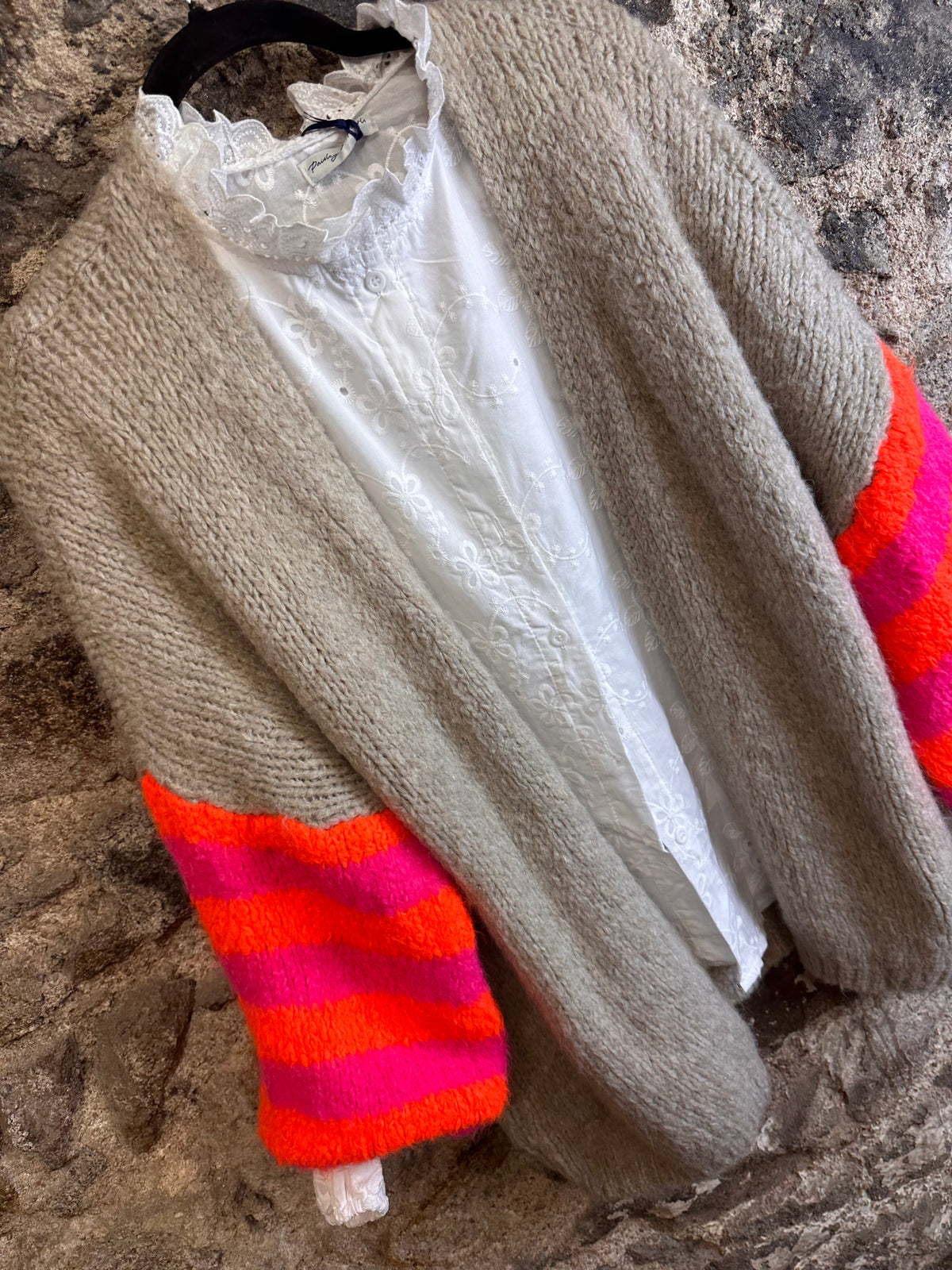“Elsie “ neon sleeve mocha Italian open front cosey knit