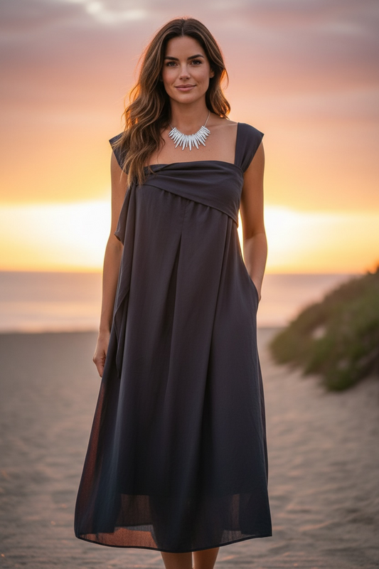 “Marguerite “ italian black cotton lined midi dress