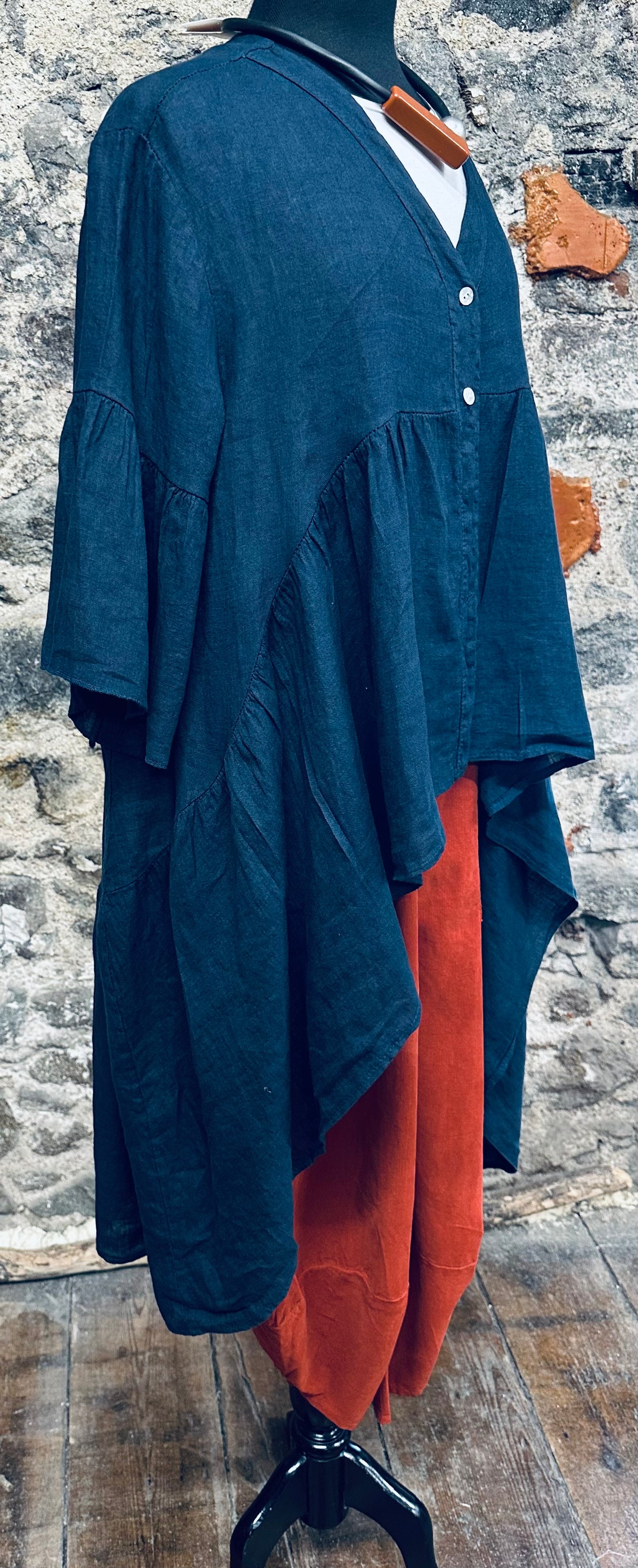 “Renee “ Italian linen indigo hi lo dress shirt