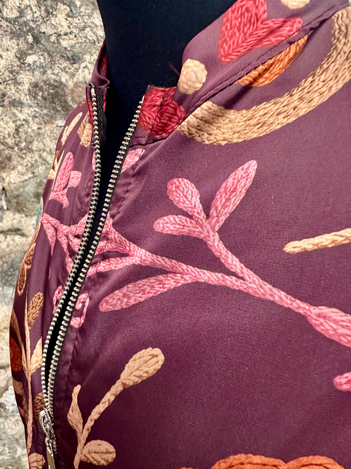 “Ellis “ plum Poly silk light print Italian bomber jacket
