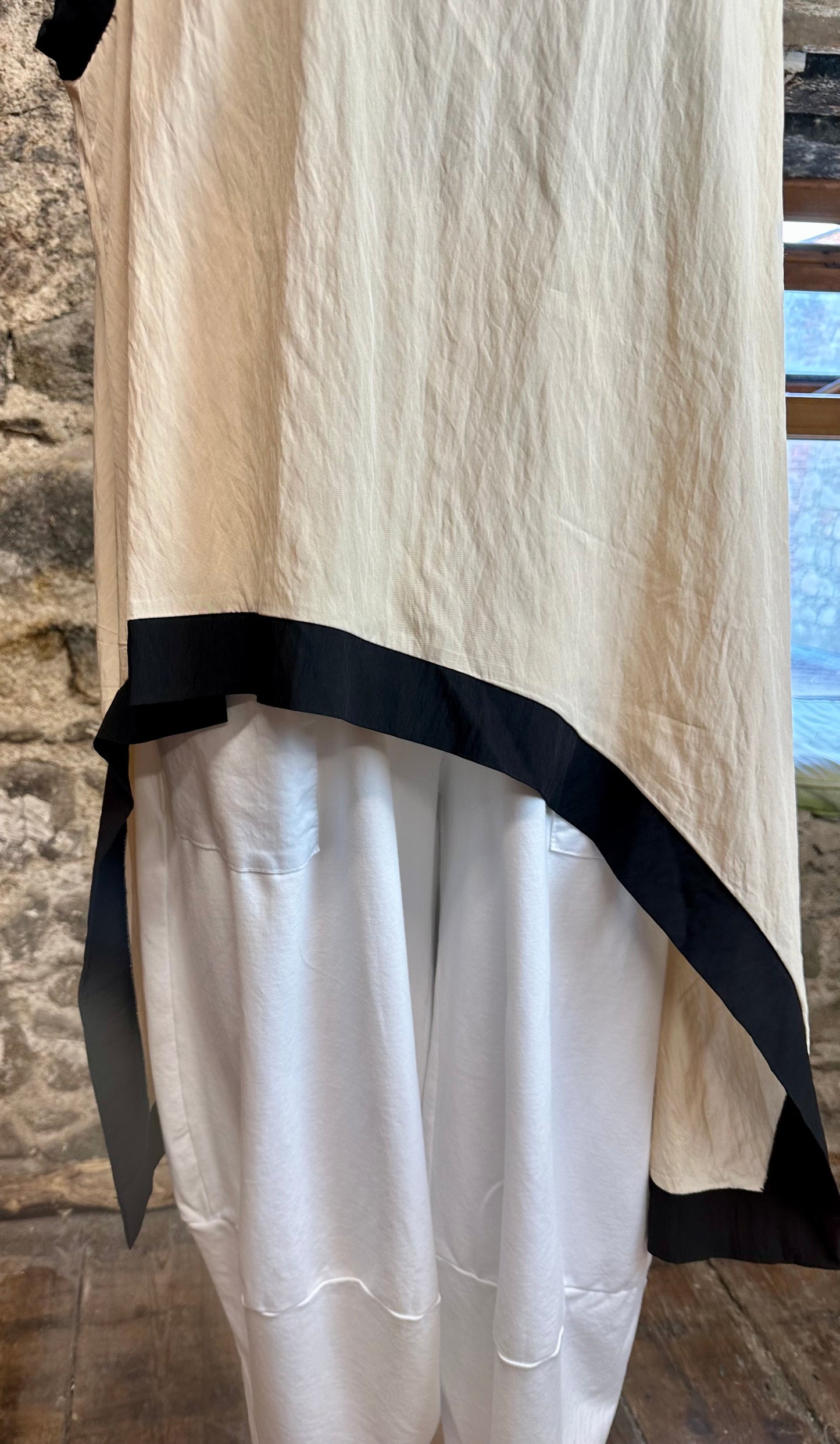 “Tilly “ beige and black trim Italian asymmetric tunic