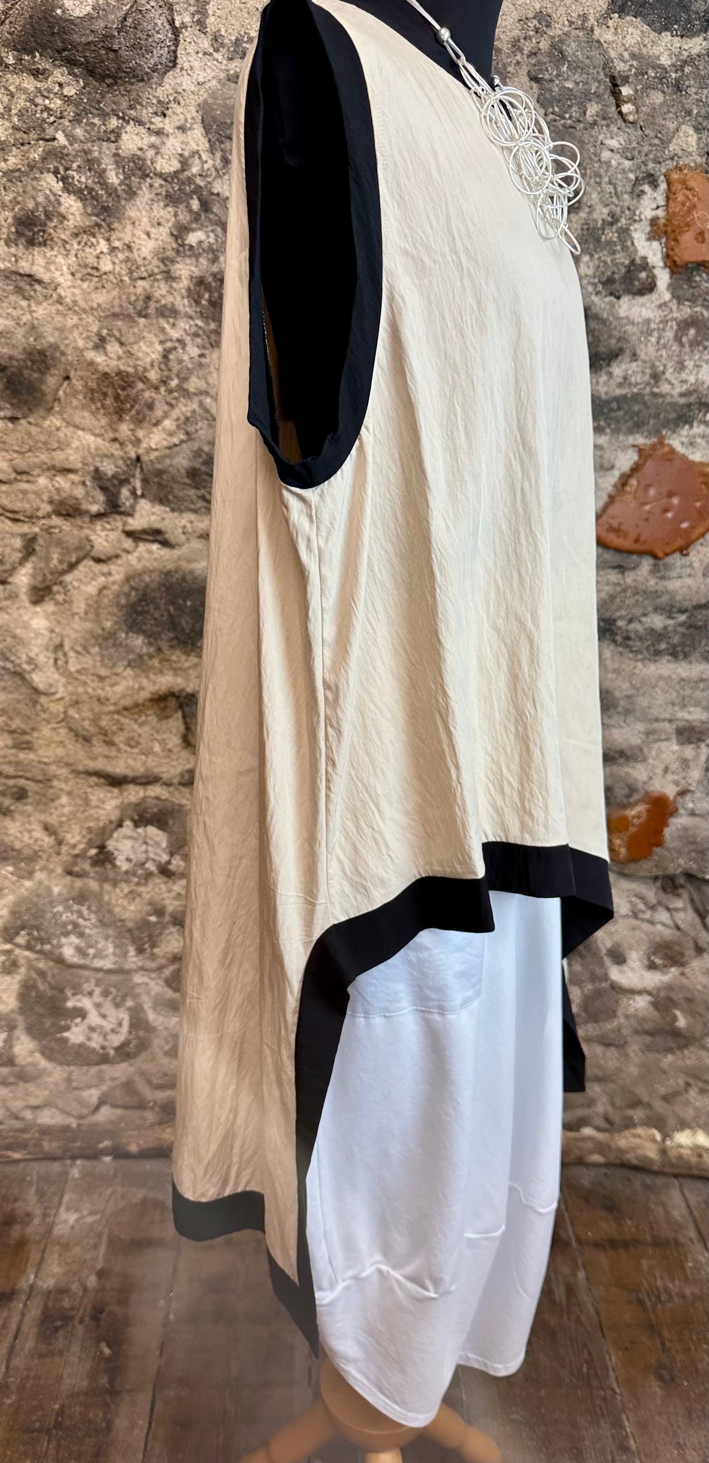 “Tilly “ beige and black trim Italian asymmetric tunic