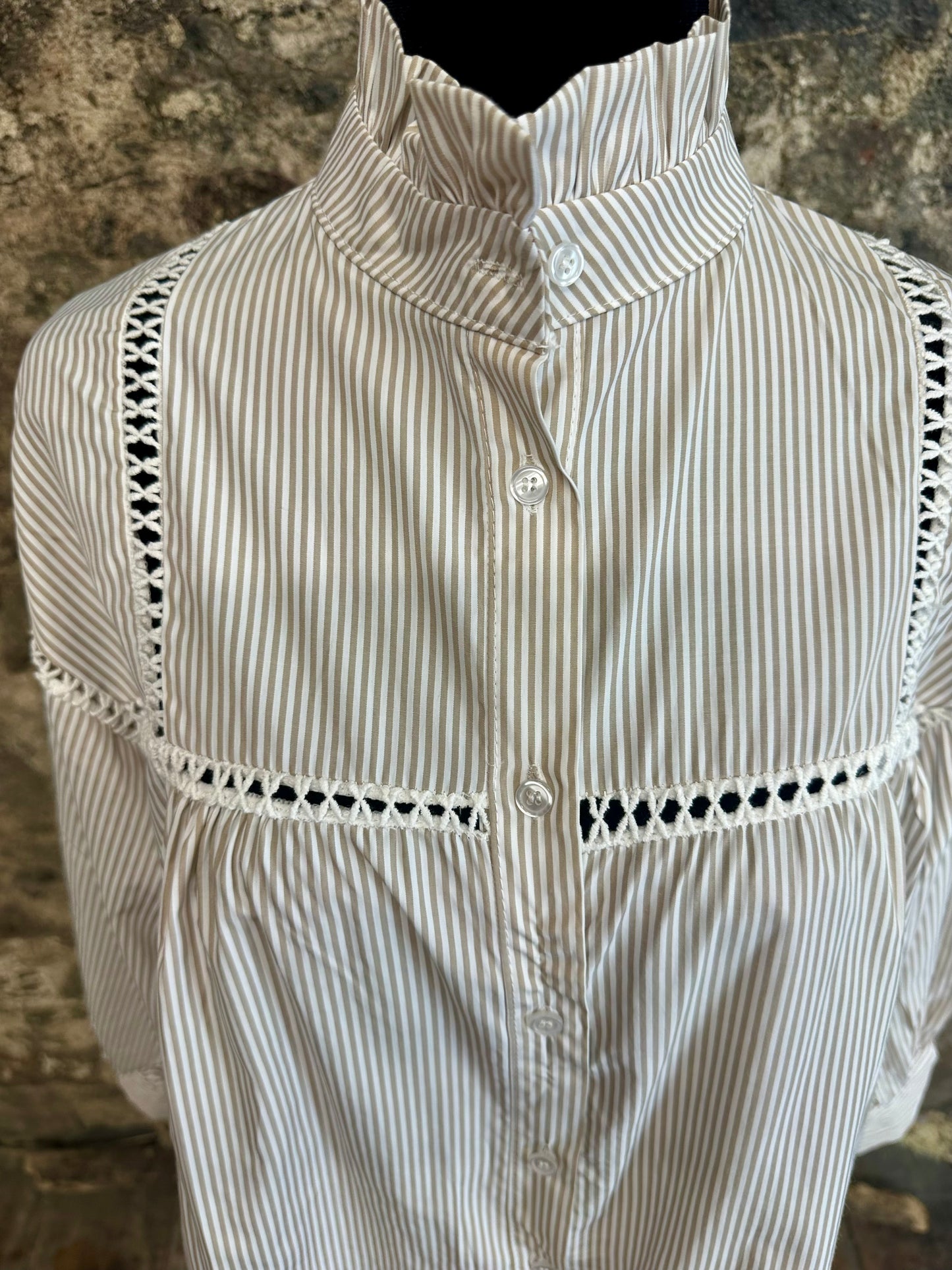 “Annabelle”pinstripe mocha and ivory pilgrim ruffle italain shirt