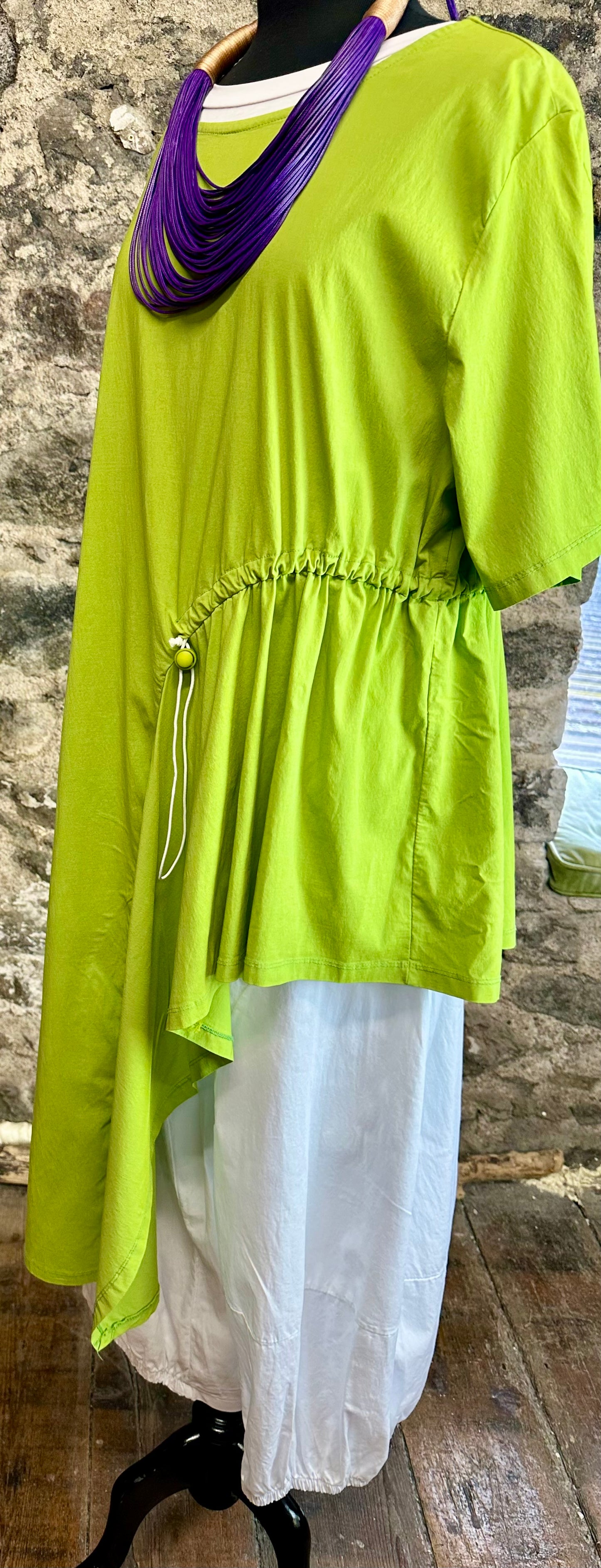 “Perri” apple green Italian asymmetric pull toggle tunic