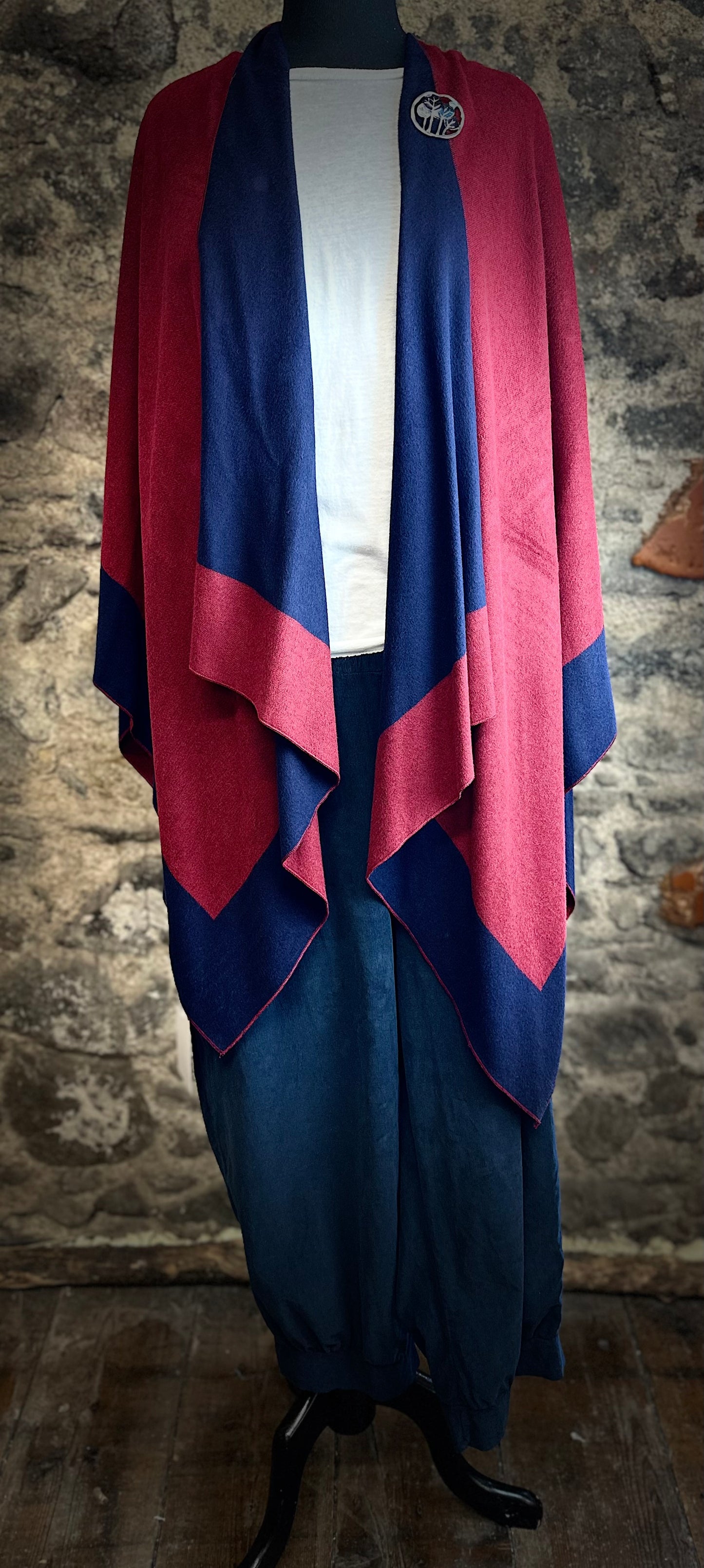 “Roberta “ wine and navy reversible fine wool mix wrap