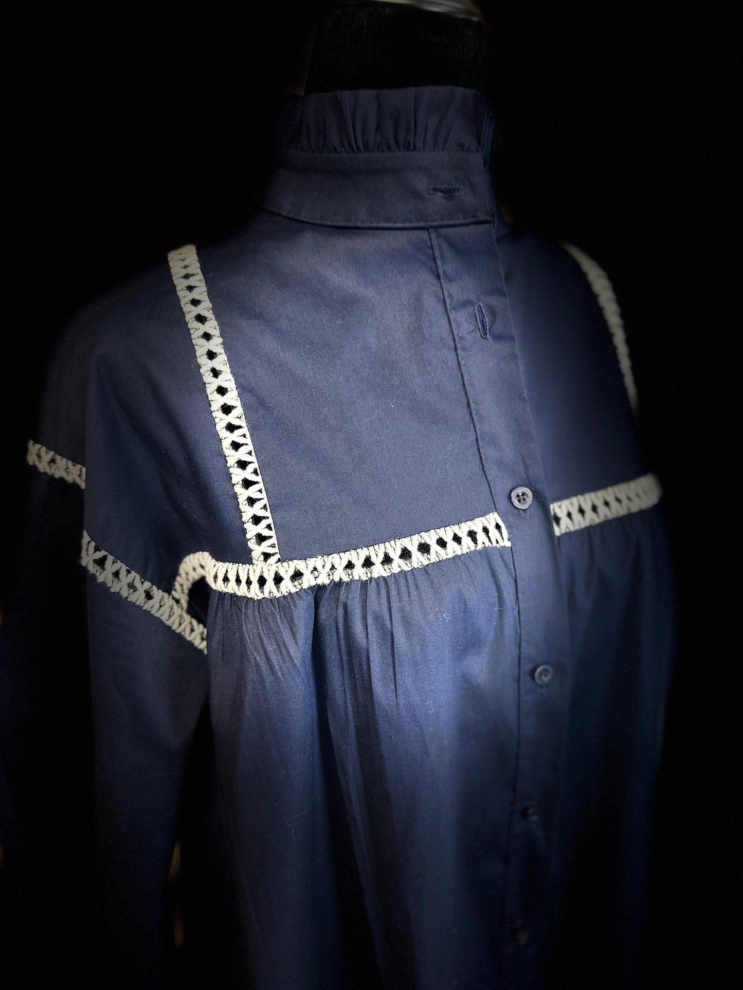 “Annabelle” indigo Italian ruffle collar dress shirt