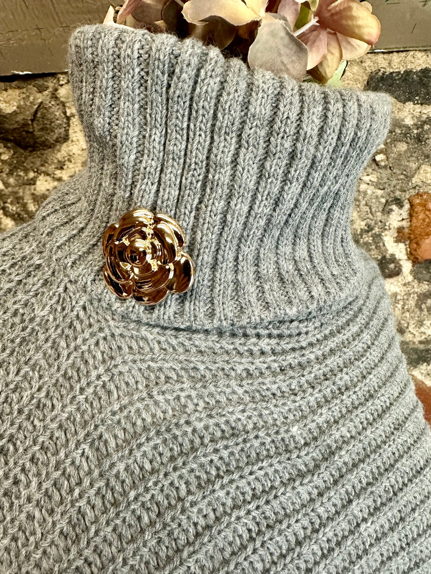 “Darina “ cloud grey high neck knit sleeved poncho