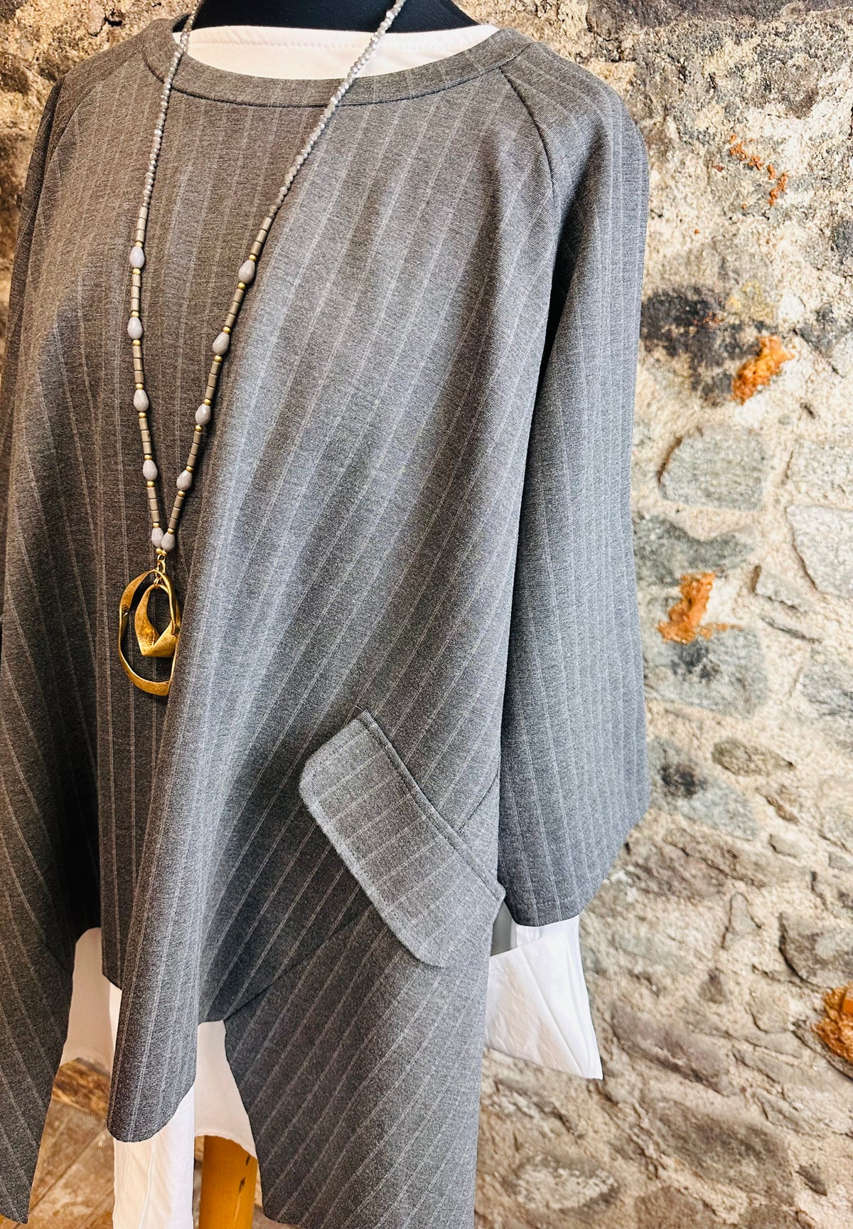 “Sandi” charcoal Italian pinstripe asymmetric tunic