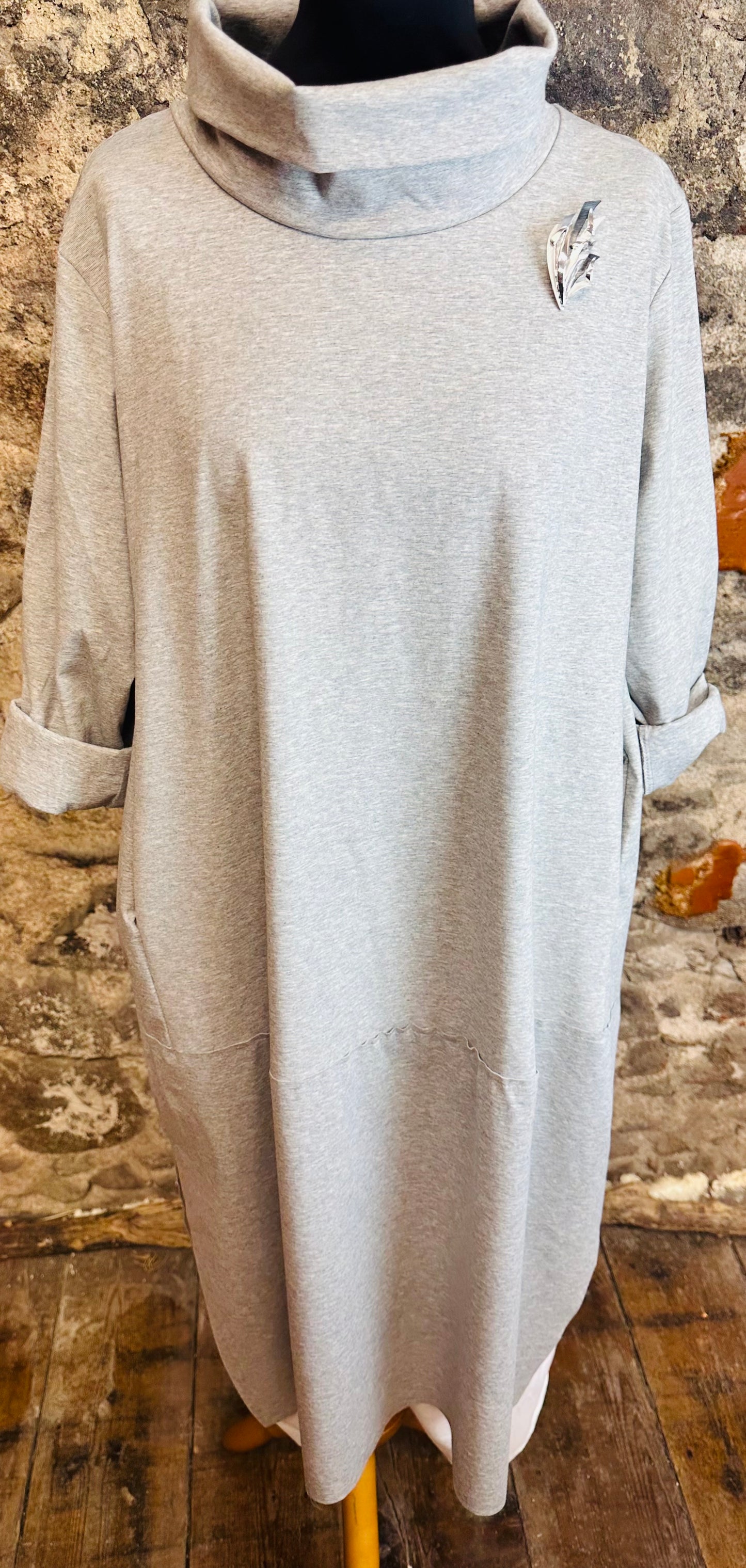 “Mandi” Italian dove grey hi funnel neck tunic style dress