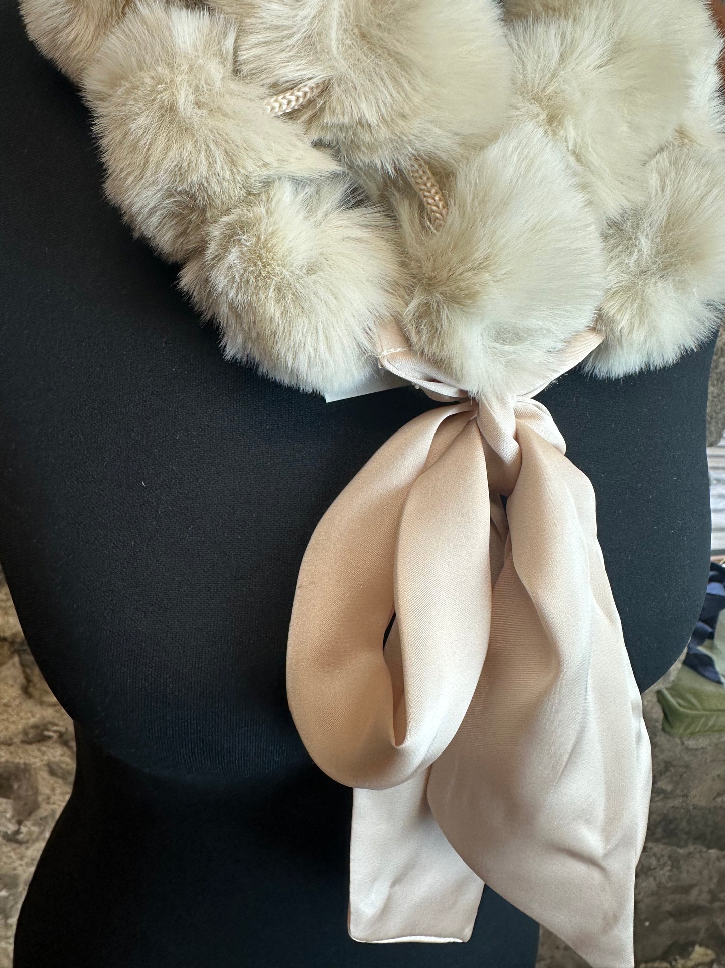 “Esther” buttermilk cream vegan fur satin tie collar