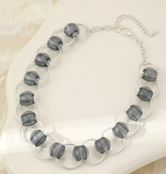 Short interlinked silver and grey resin bead statement neckpiece