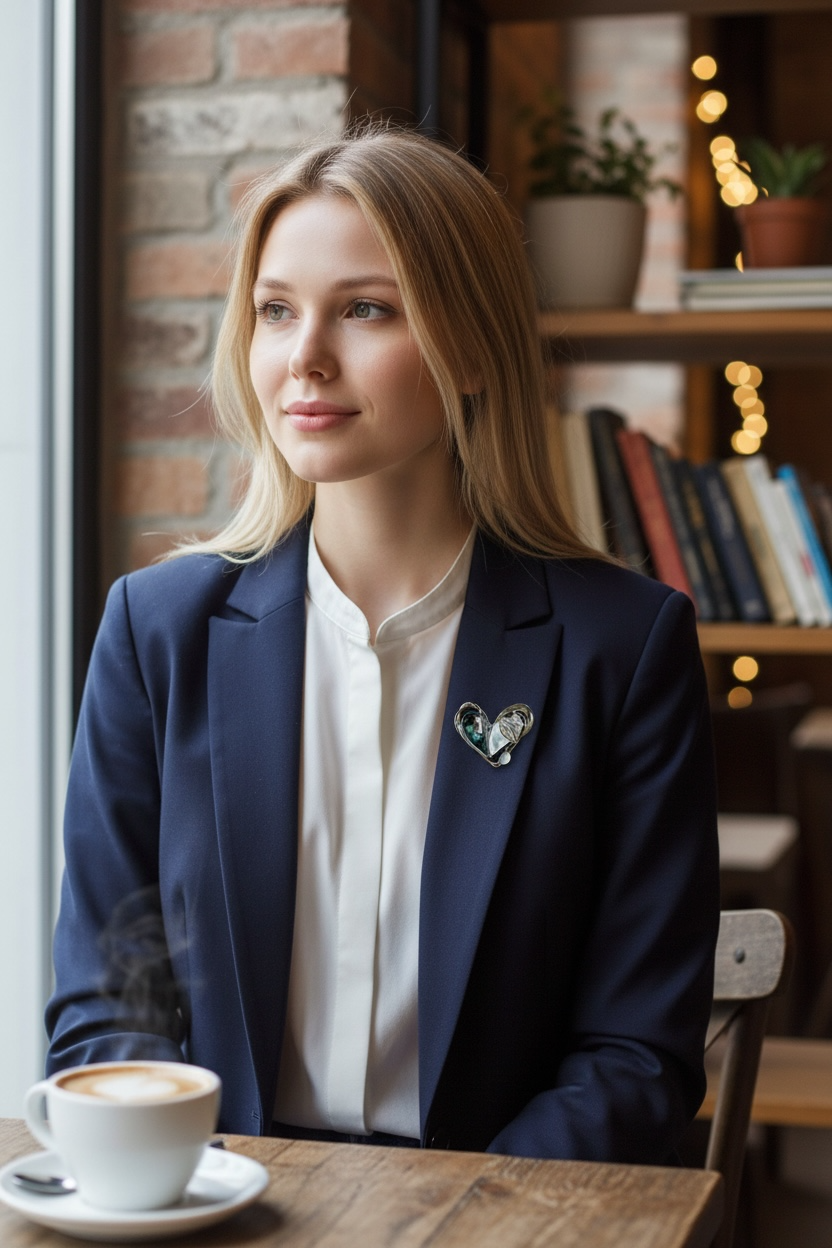 Stone and silver magnetic heart brooch