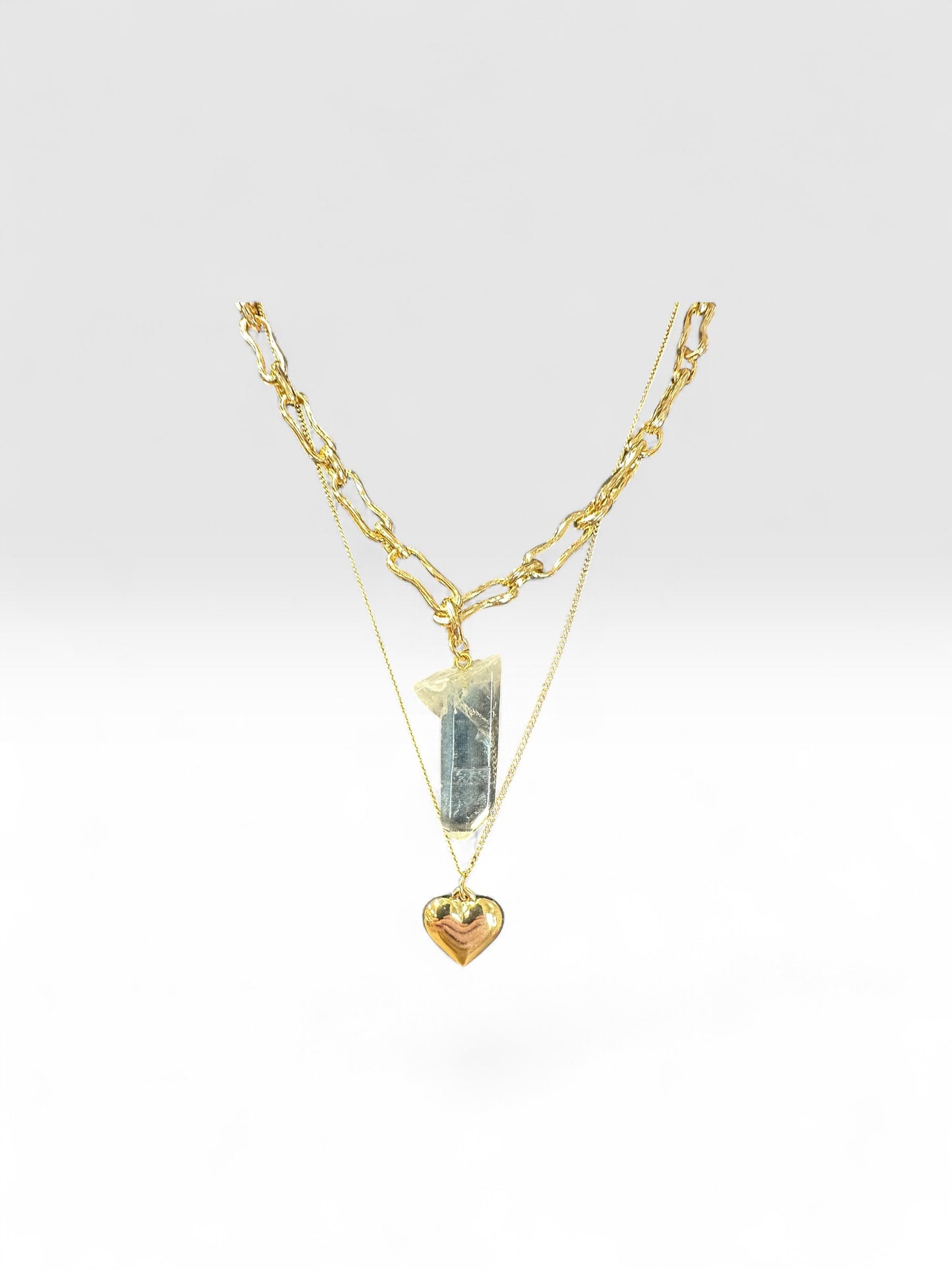 Gold plated layered crystal and heart neckpiece