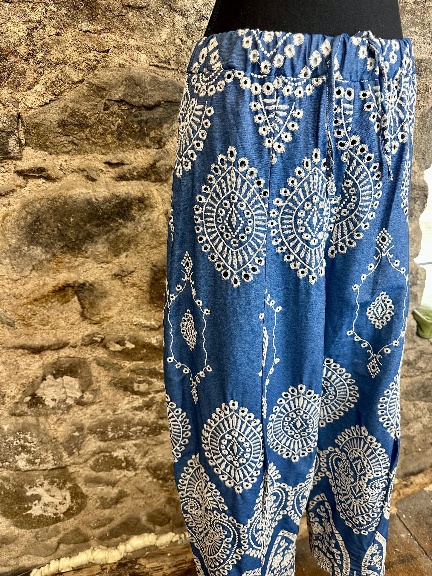 “April “ denim angelaise  detailed cocoon Italian pants