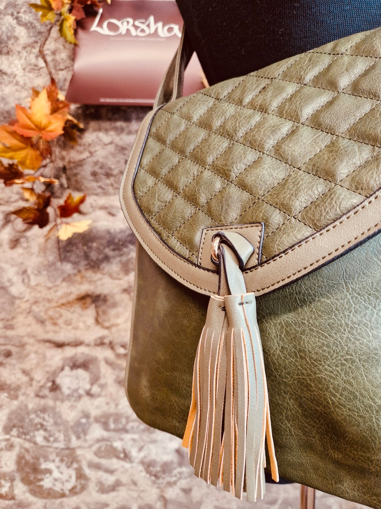 “Poppy” tassle olive green  vegan crossbody