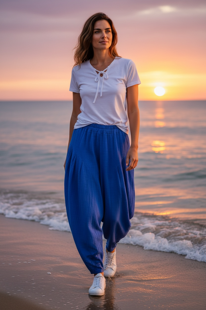 “Trudi “ azure blue Italian barrel leg cheese cloth trouser