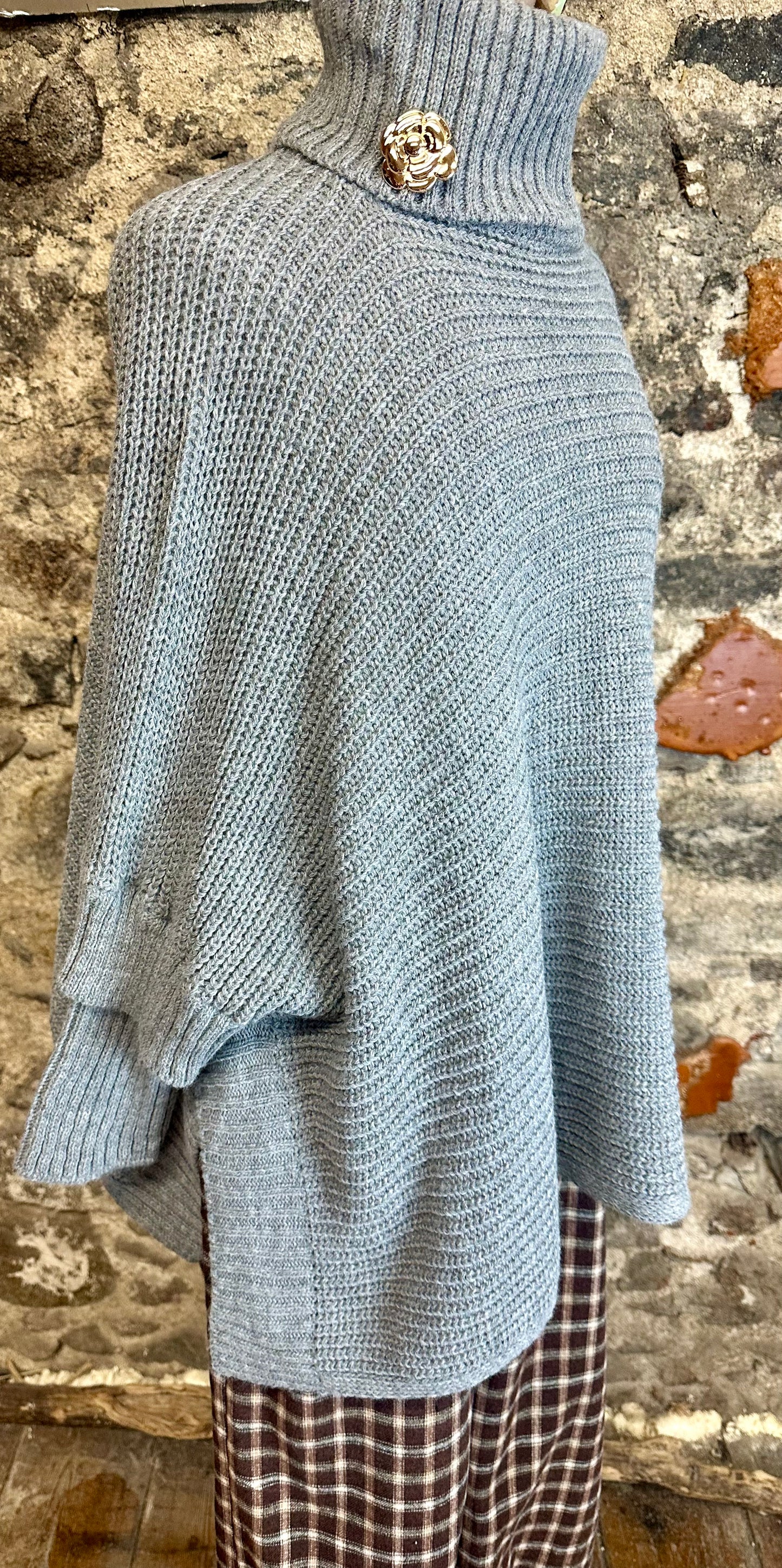 “Darina “ cloud grey high neck knit sleeved poncho