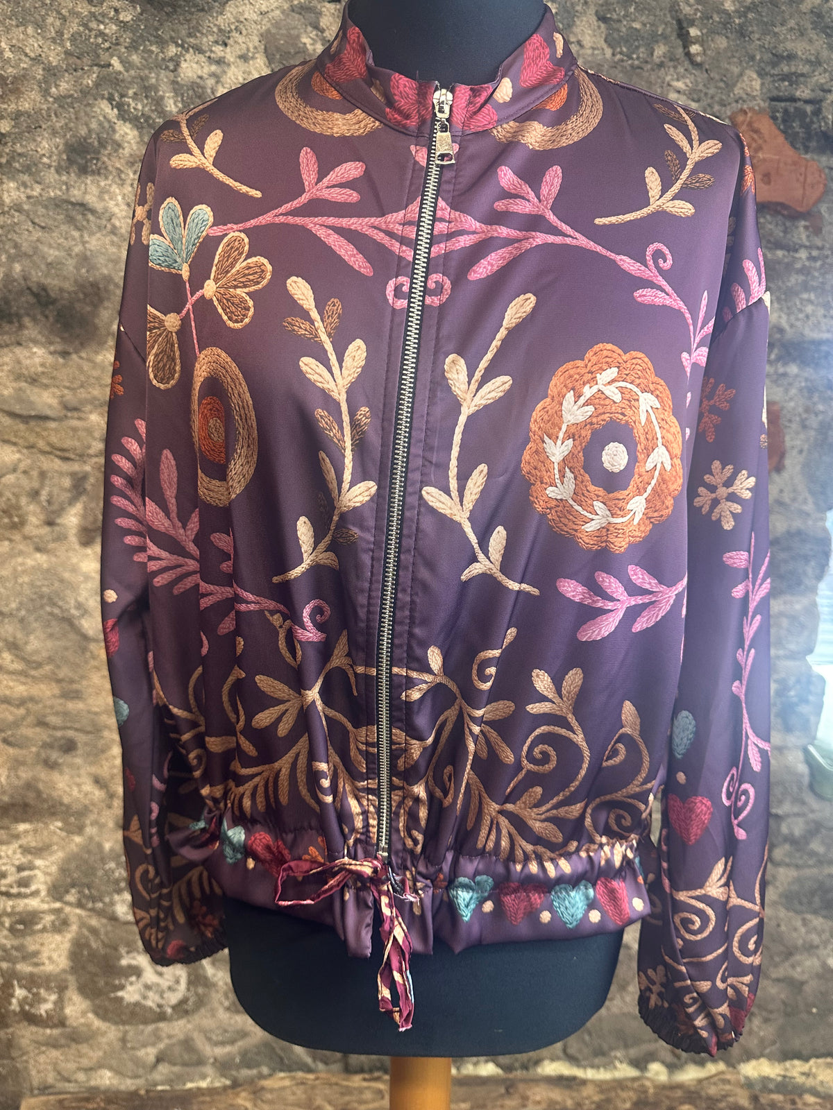 “Ellis “ plum Poly silk light print Italian bomber jacket