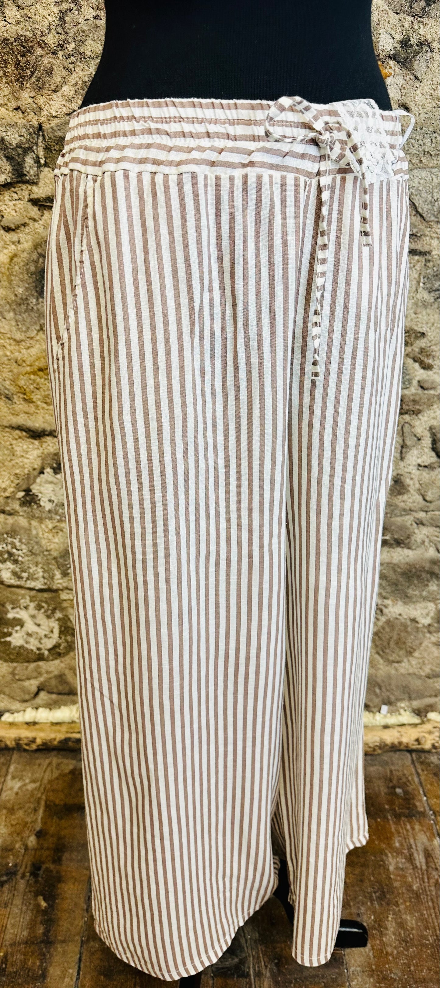 “Sandie “ mocha and cream stripe Italian linen cullottes