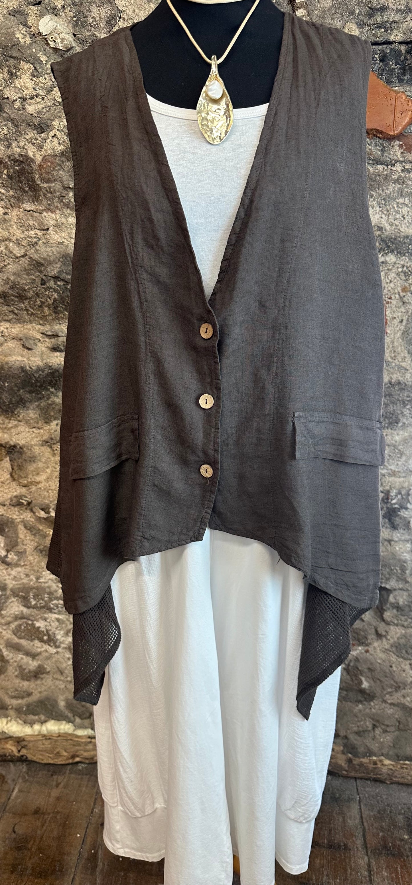 “Daisy “ chocolate linen Italian asymmetric waistcoat