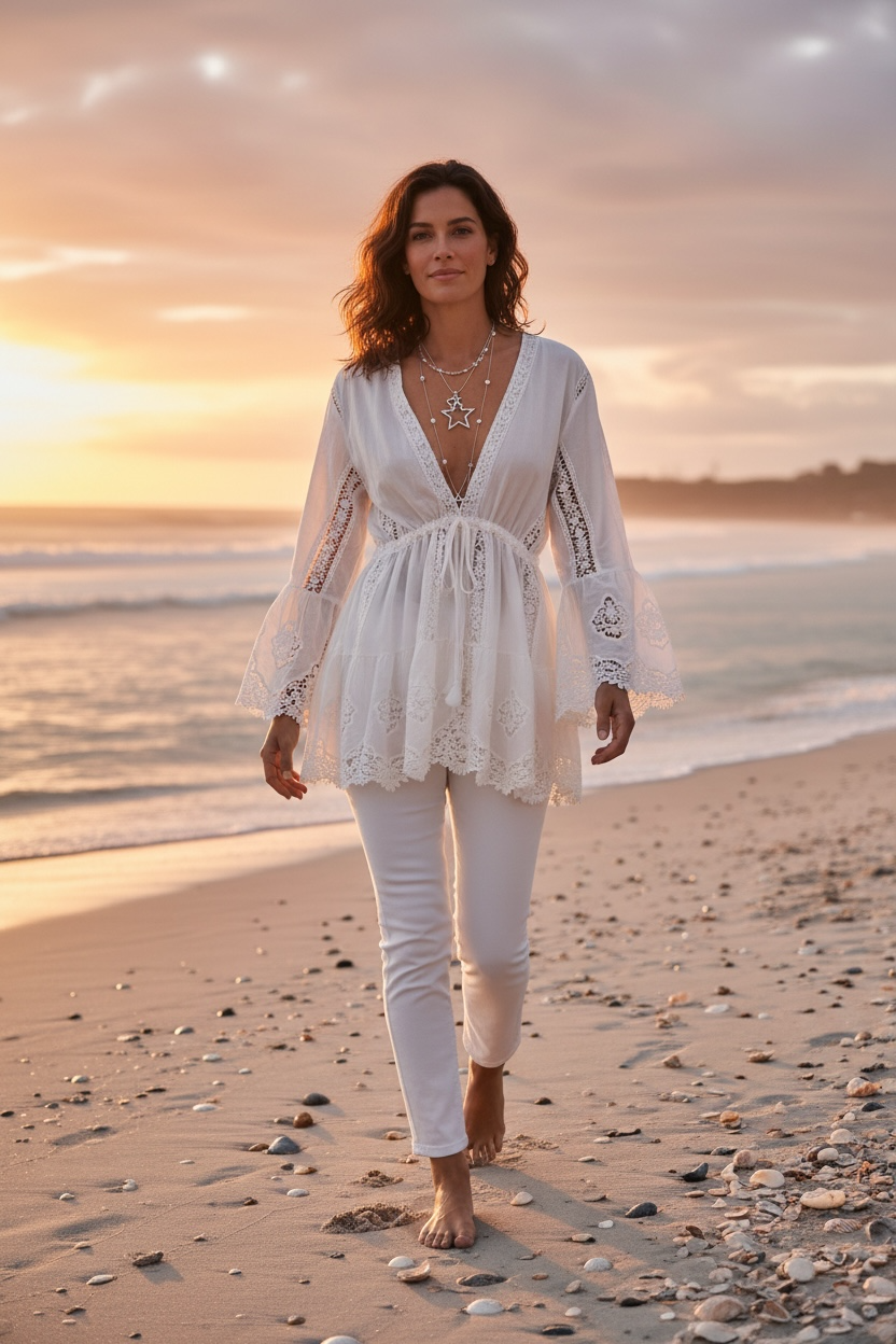 “Beatrice “ intricate detailed boho Ivory Italian tunic