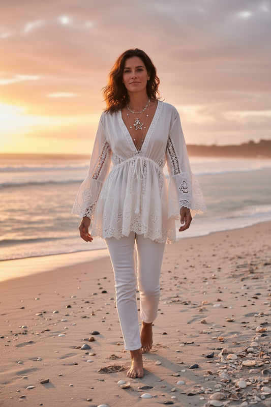 “Beatrice “ intricate detailed boho Ivory Italian tunic