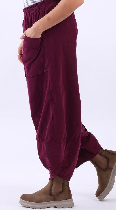 “Toni “ burgundy pin corduroy Italian cocoon trousers
