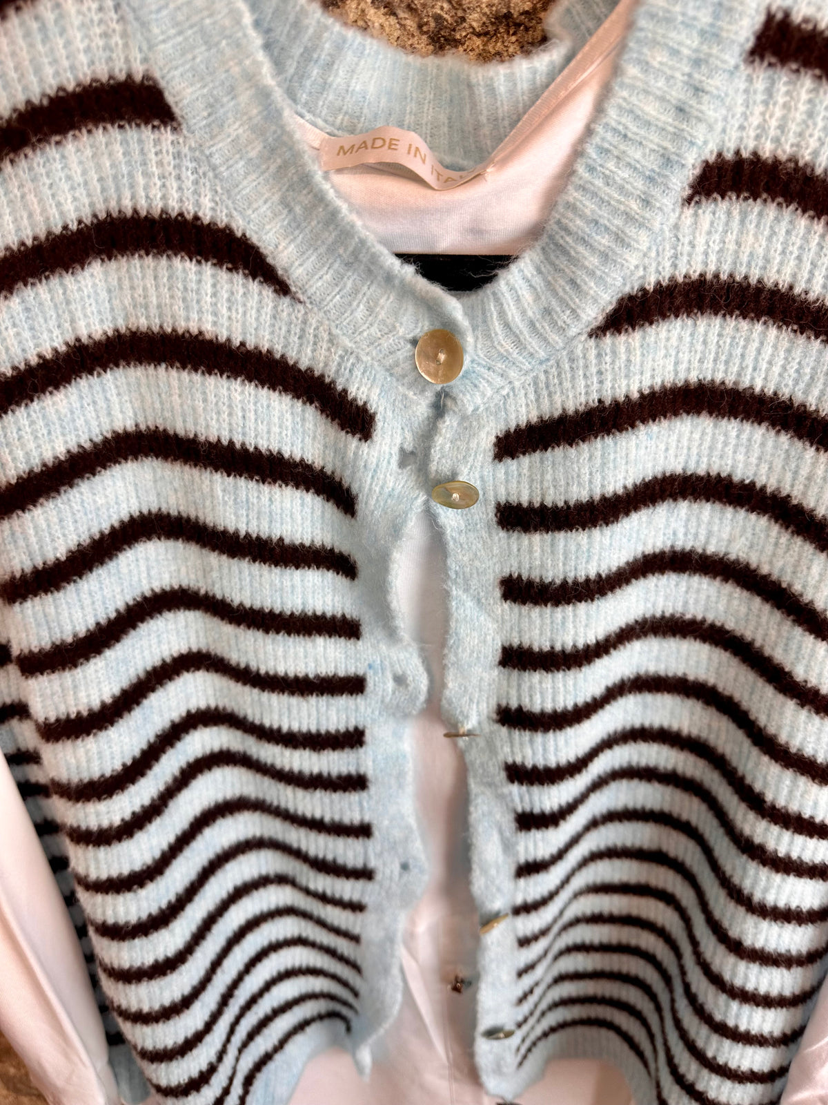 “Jessie” sky blue and chocolate stripe Italian knit waistcoat