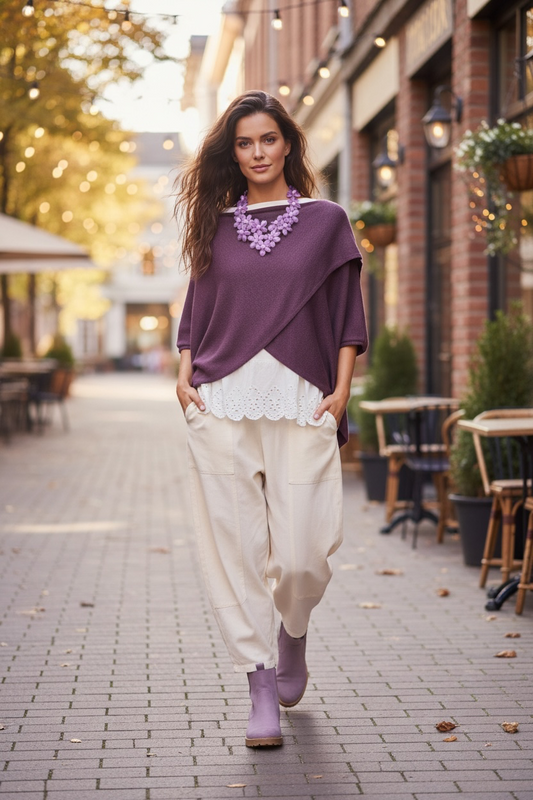 “Sadie” autumnal cosey plum Italian wrap knit jumper