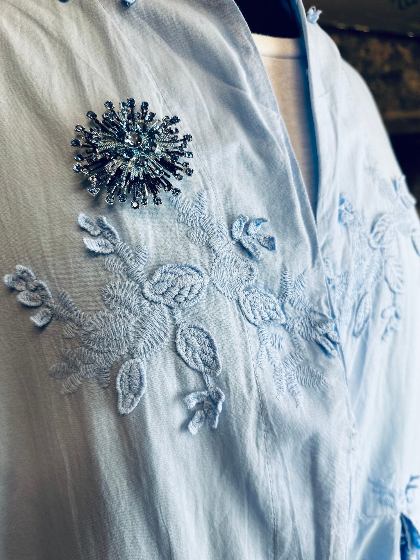 “Moira “Wedgwood blue Italian cotton appliqué dress coat