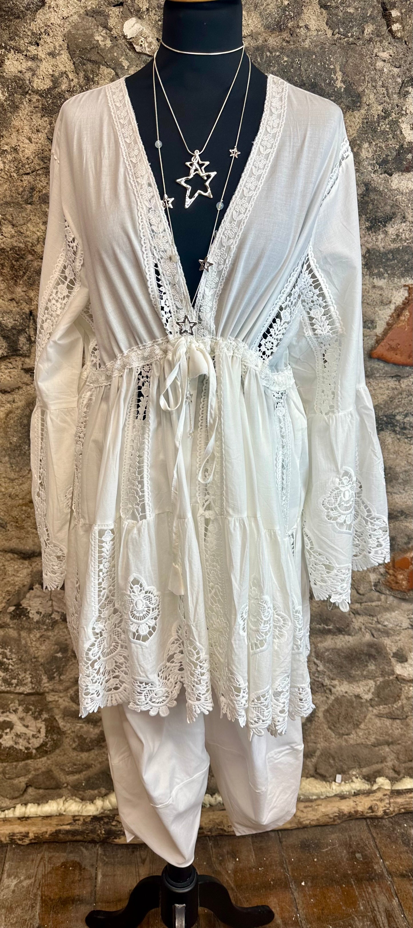 “Beatrice “ intricate detailed boho Ivory Italian tunic