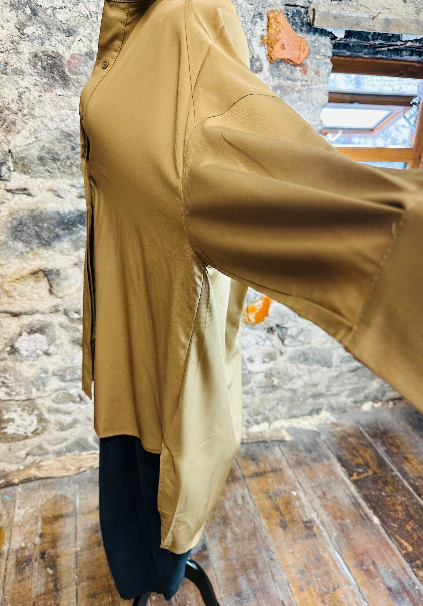 “Mabel “ Italian tan hi lo dress shirt