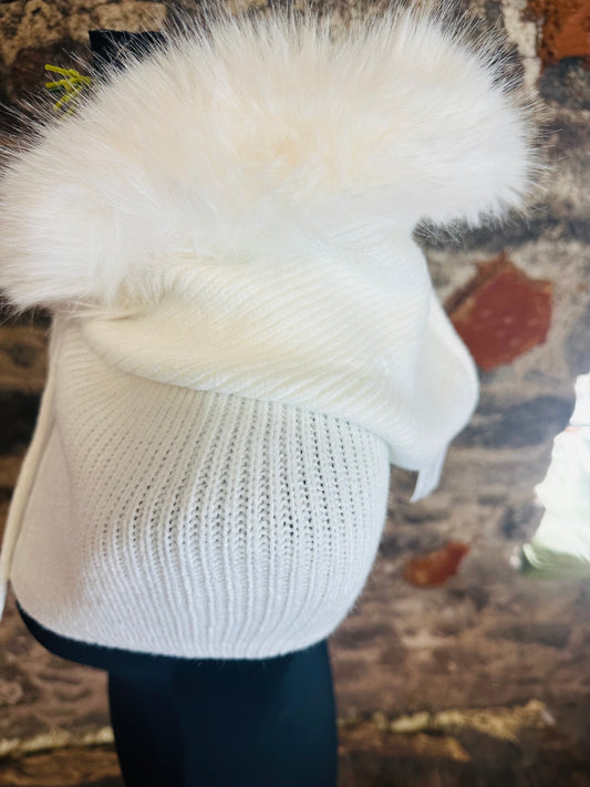 “Jessie “ winter white faux fur vegan trim hood snood