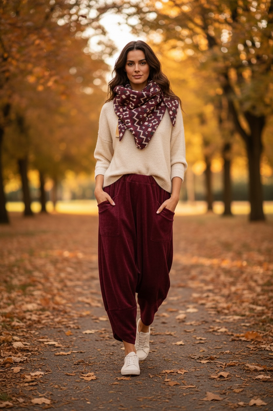 Nordic fair isle burgundy triangle knit scarf