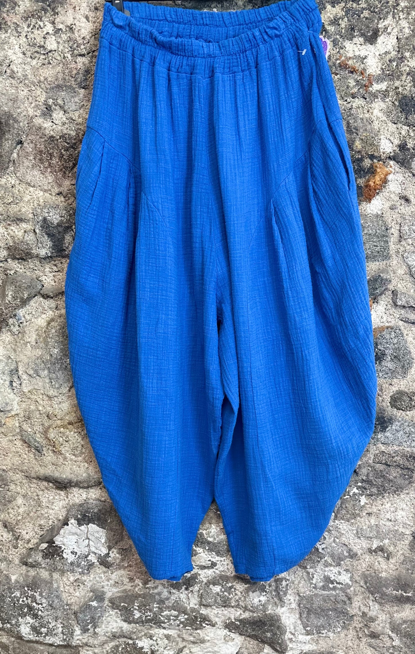 “Trudi “ azure blue Italian barrel leg cheese cloth trouser
