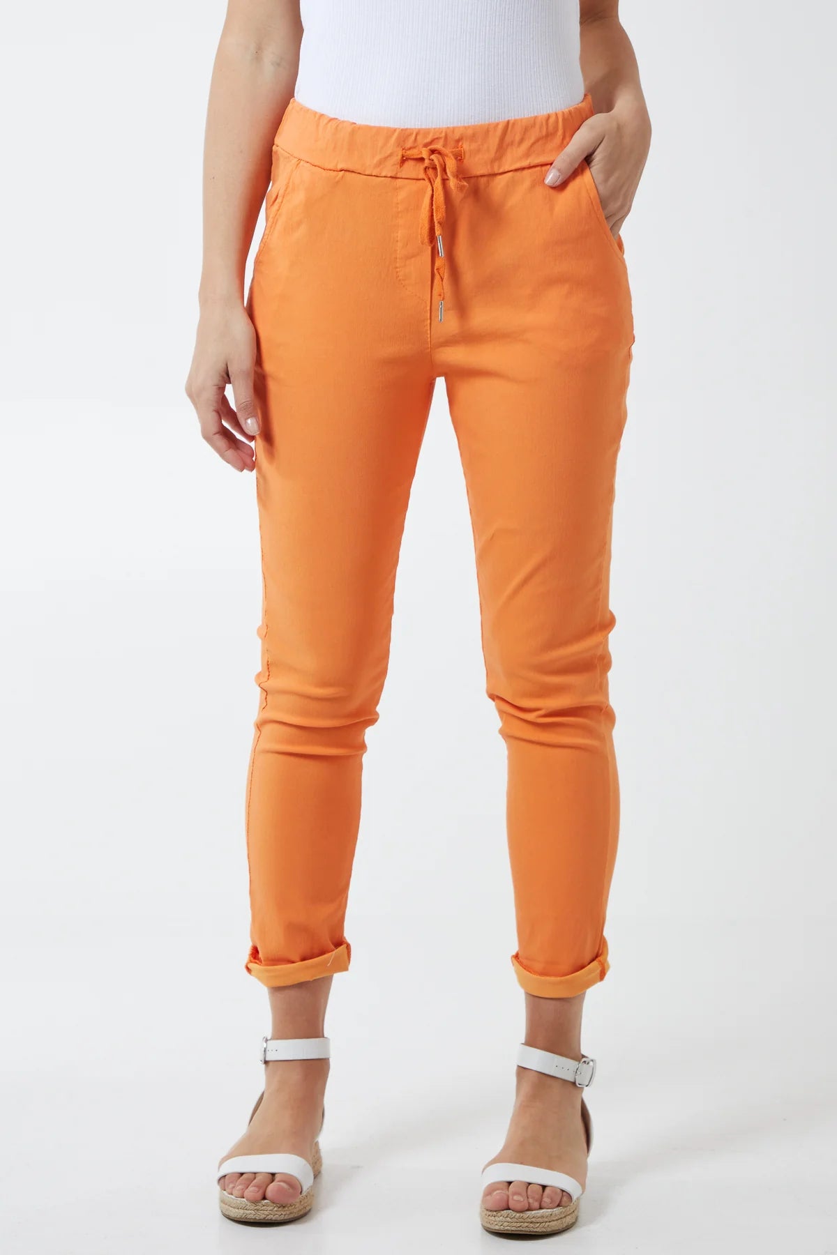 “Shelly” tangerine stretch Italian trousers
