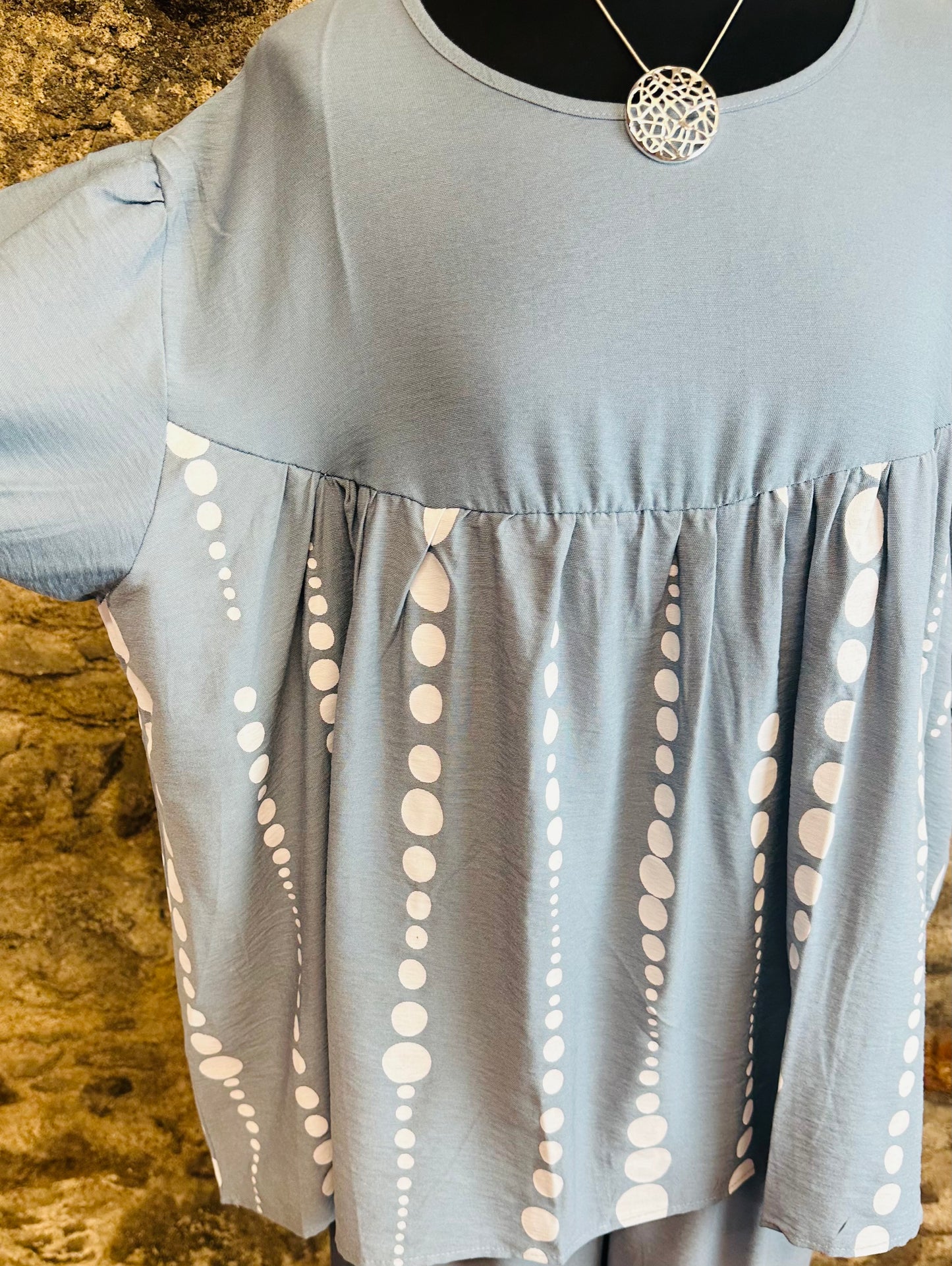 “Davina “ cloudy blue Italian gathered empire line tunic
