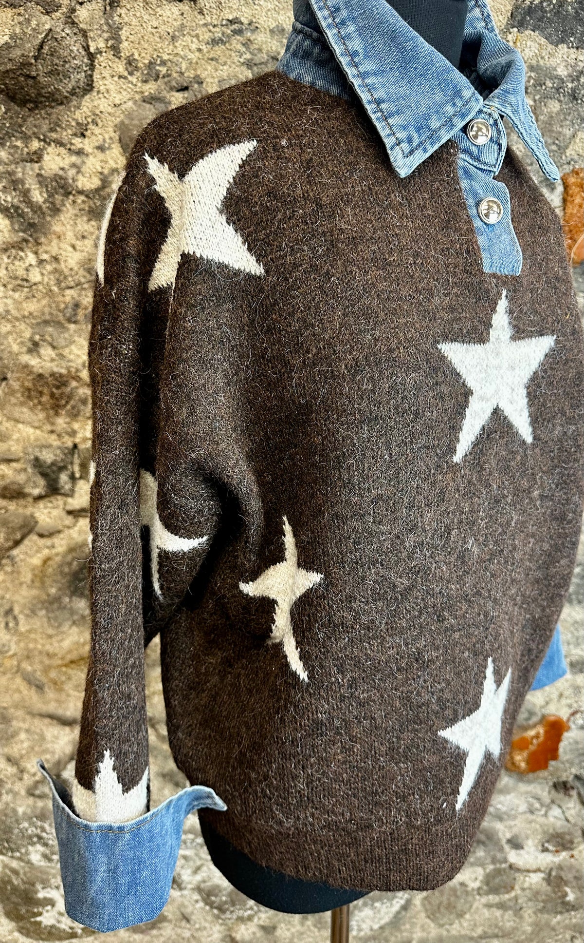 “Lauren “ chocolate and cream star knit with denim collar collar and cuff detail