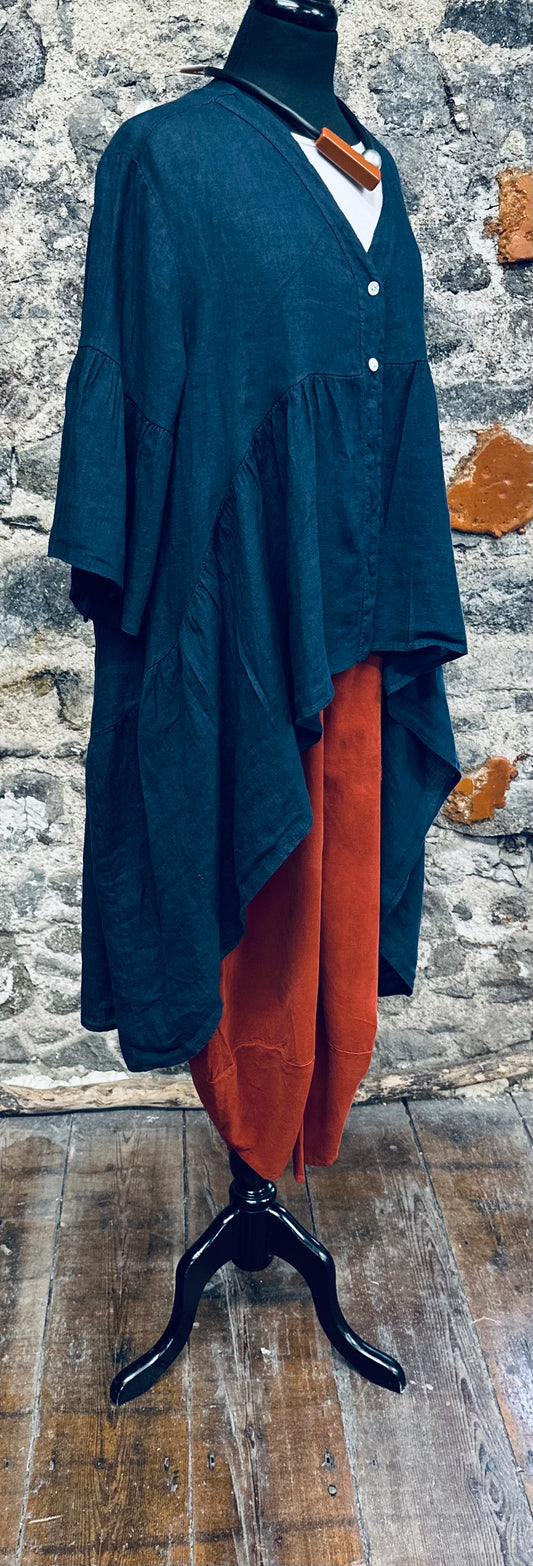 “Renee “ Italian linen indigo hi lo dress shirt