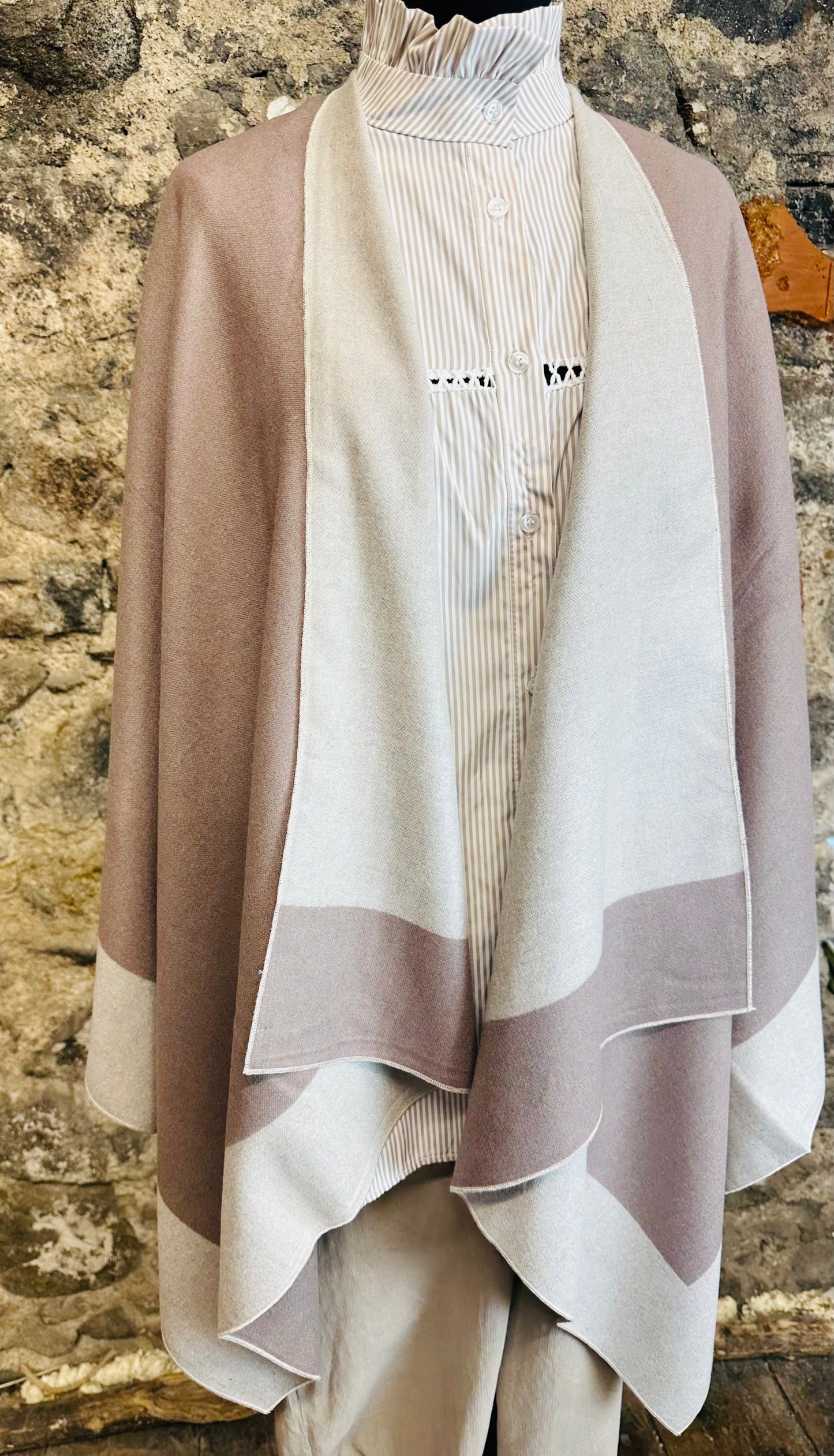 “Roberta” mocha and stone reversible fine wool mix wrap