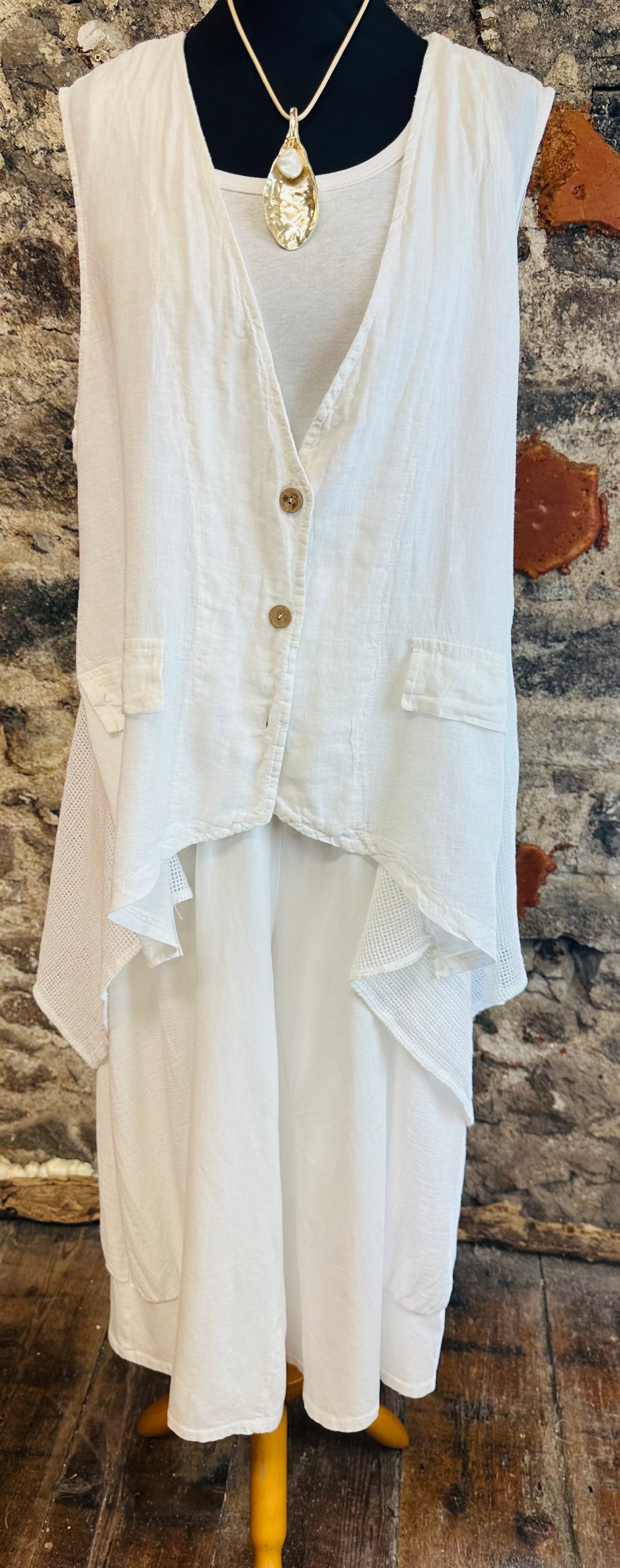 “Daisy “ white linen Italian asymmetric waistcoat