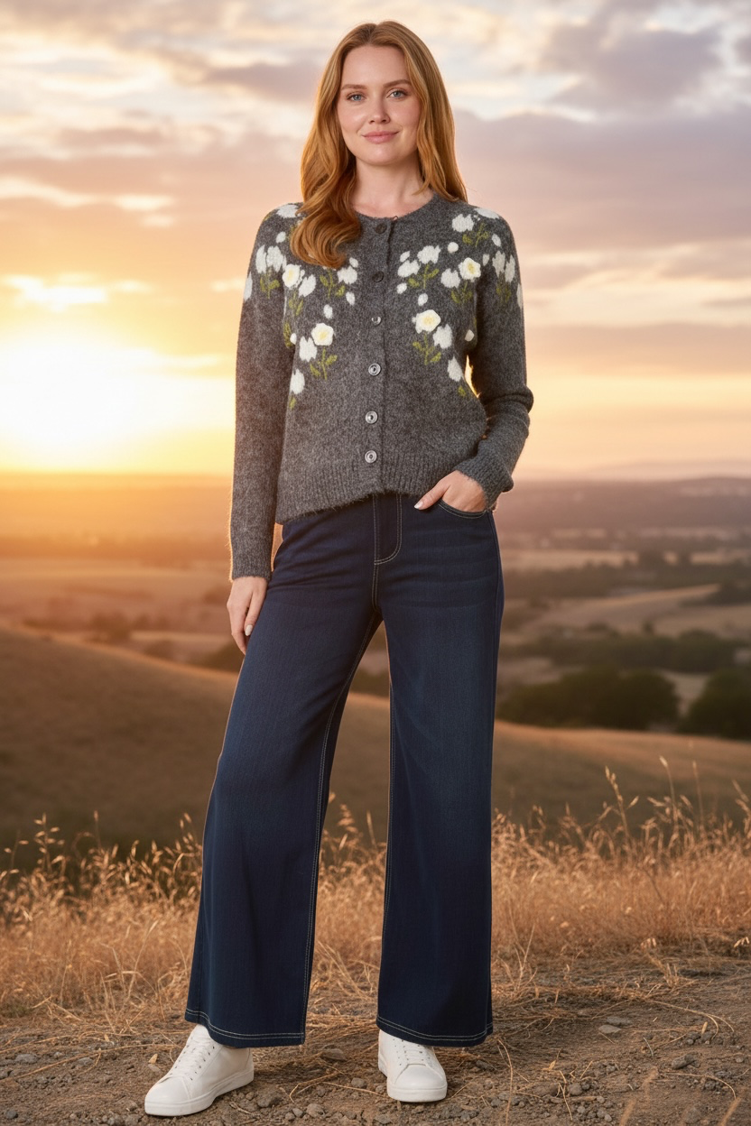 “Helena “ floral detail charcoal cardigan