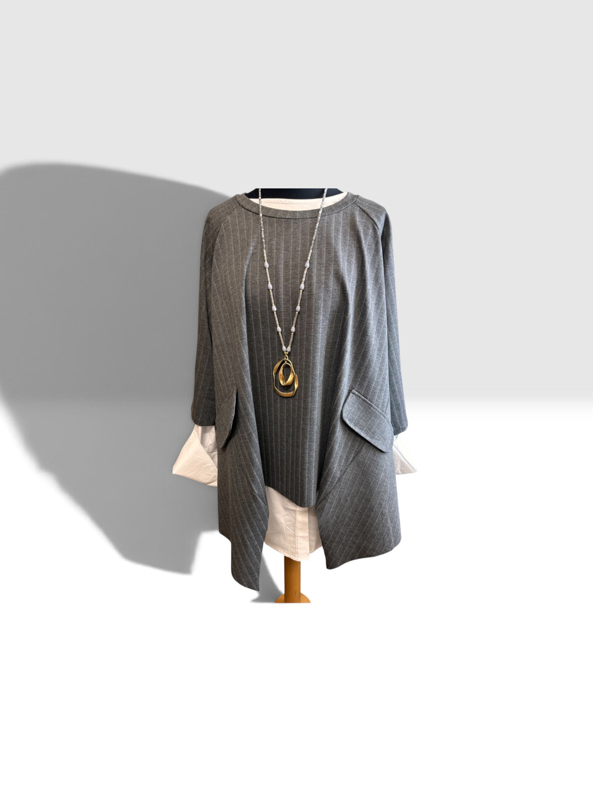 “Sandi” charcoal Italian pinstripe asymmetric tunic
