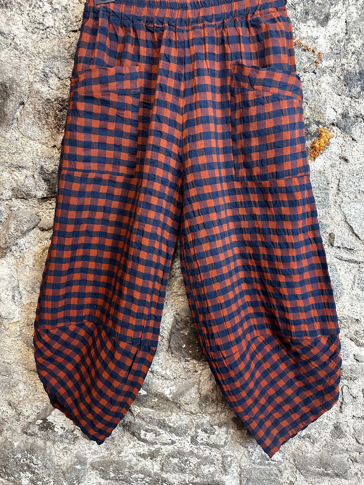 “Riley “ navy and rust Italian plaid cocoon trouser