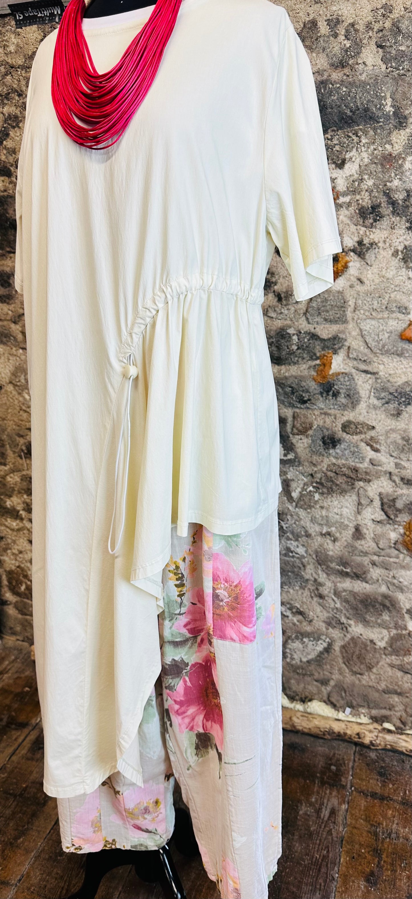 “Perri “ cream asymmetrical tunic dress with adjustable toggle