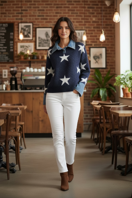 “Lauren “ navy and cream star knit with denim collar/ cuff detail