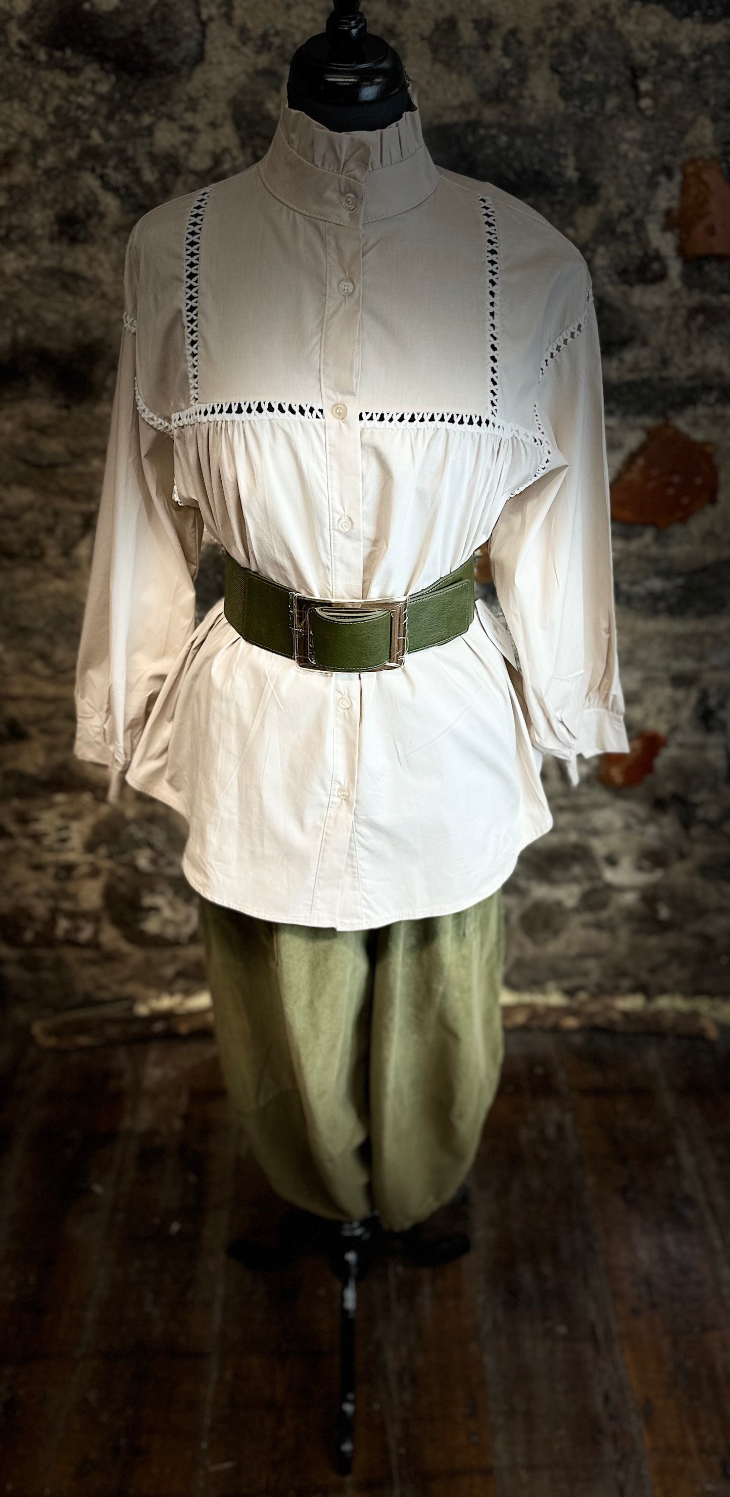 “Annabelle” pilgrim mocha Italian ruffle shirt