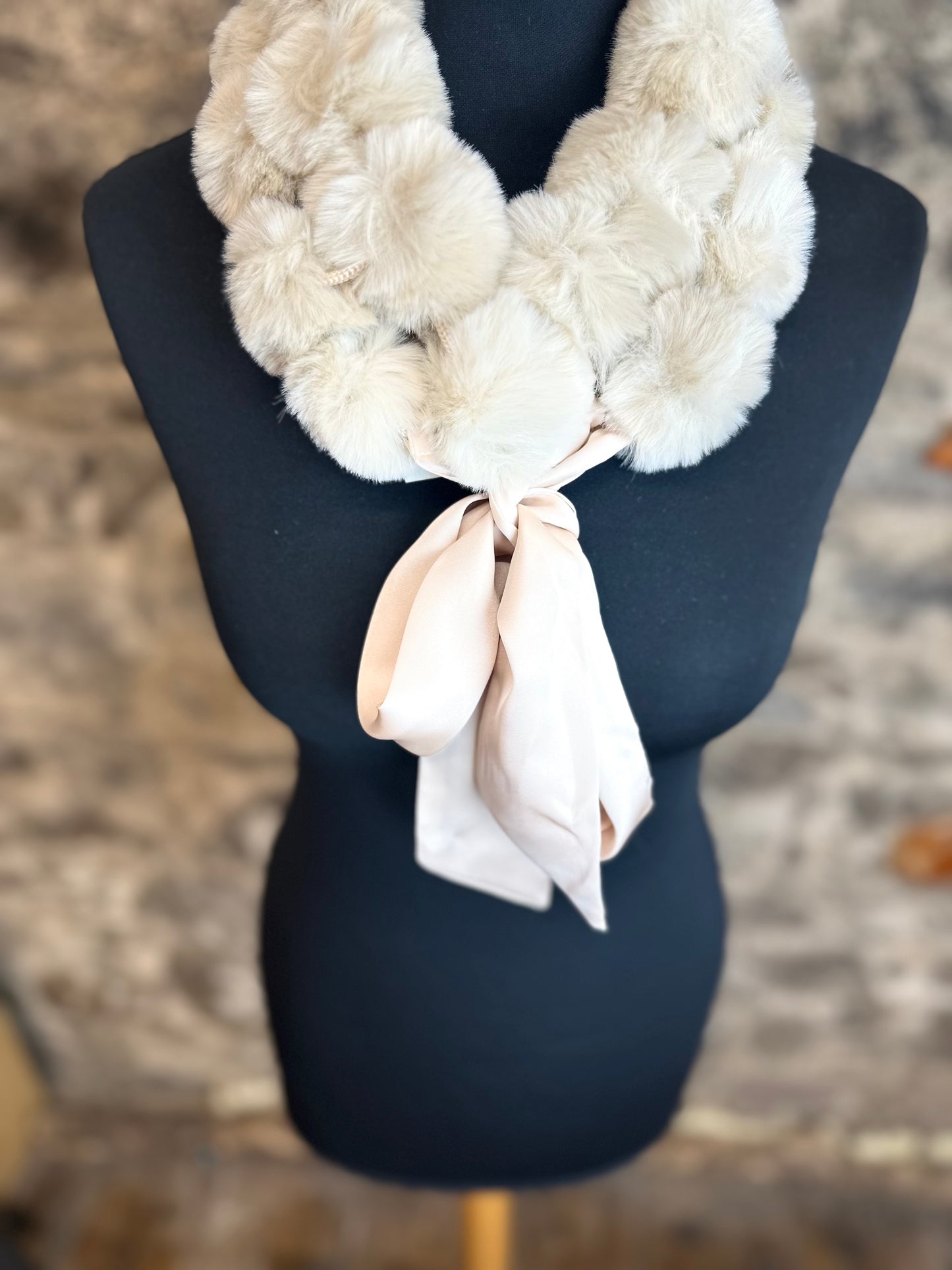 “Esther” buttermilk cream vegan fur satin tie collar