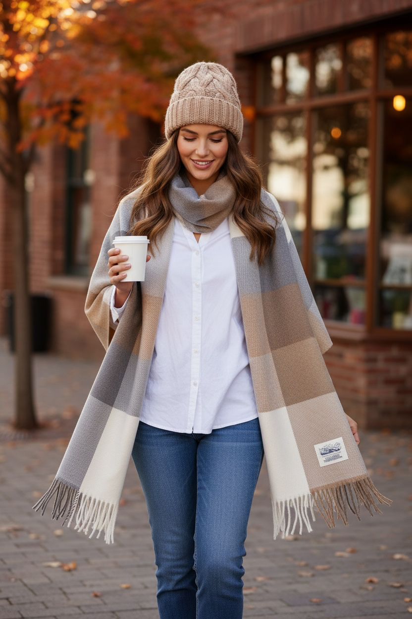 Camel and soft grey heritage plaid wool wrap